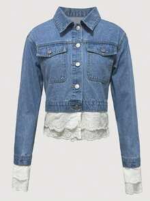 Plus Size Women's Fashion Lace Trim Cropped Denim Jacket, Patchwork Lace Casual Denim Top. - 藍色 - 查看 6