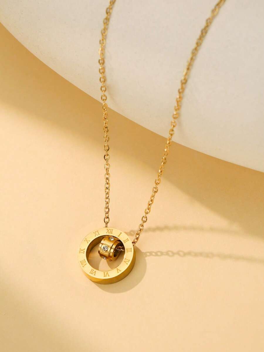 1 件奢华锆石吊坠项链经典双圈不锈钢罗马数字圆形项链女士优雅珠宝 - 金色 - 查看 1