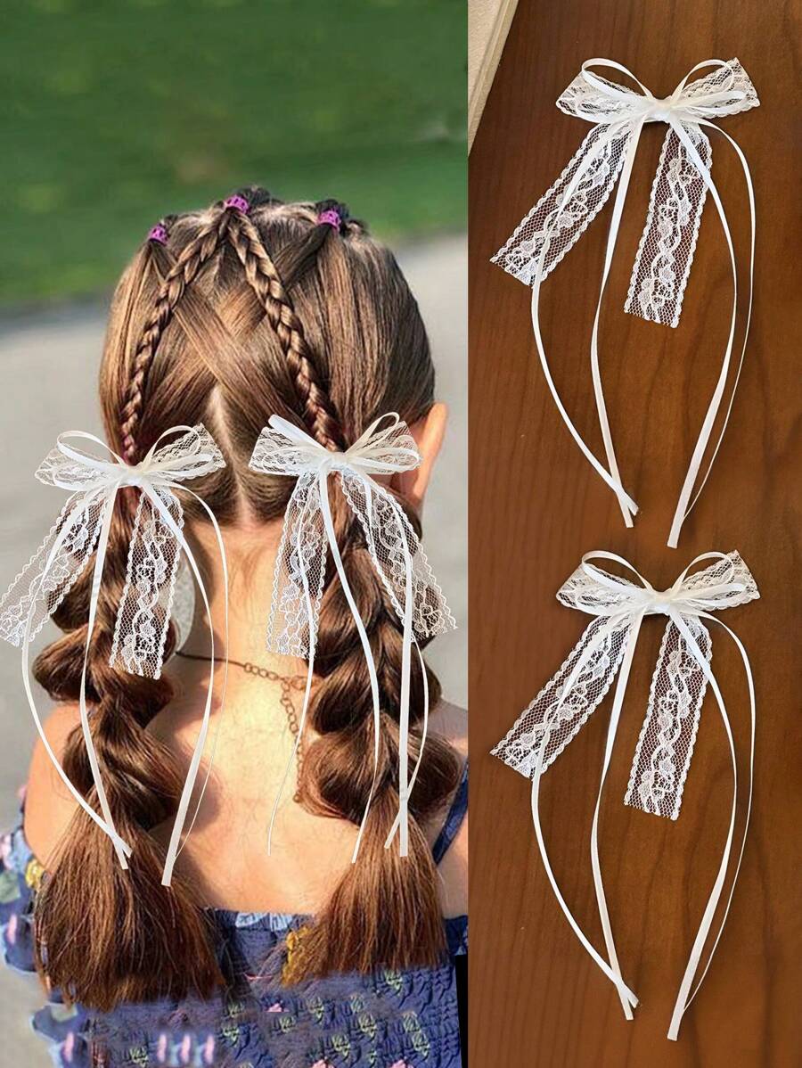 2 Pieces Of Super Fairy Lace Streamer Bow Pearl Hairpin, Korean Princess Head High-End Hairpin, Ballet Style Clip Hair Ornament