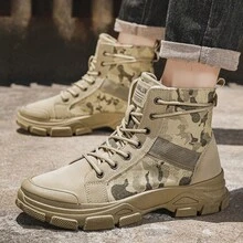 بوت عمل عالية الكاحل بطبعة الكاموفلاج للرجال، تصميم إغلاق بالرباط، بوت خارجية عتيقة، بوت تنفس عصرية مضادة للانزلاق، مناسبة للسفر الخارجي، بوت صحراوية - كاكي - مشاهدة 5
