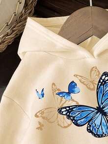 Young Girl Butterfly Pattern Warm Hoodie Sweatshirt - Apricot - View 3