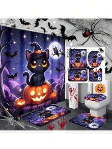 1pc/4pcs Halloween Pumpkin Lantern, Witch, Cat, Bat Pattern Polyester Waterproof Bathroom Shower Curtain With 12 Hooks, Bathroom Mat, U-Shaped Mat, Round Toilet Lid Cover, Bathroom Set For All Occasions Bathroom Decor - Multicolor - View 2
