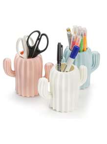 قطعة واحدة من صندوق منظم المكتب بشكل نبات الصبار - حامل أقلام وأقلام رصاص من راتنج ABS، بلون أزرق فاتح أو وردي، وعاء قرطاسية مكتبية أنيق، مثالي لمستلزمات الفن، حامل أقلام مكتب جميل