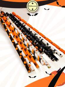 25 unidades Pajitas de Halloween, pajitas de papel desechables creativas para jugo y cócteles con diseños de calabaza, calavera, rayas, ondas y puntos, adecuadas para fiestas, eventos, manualidades, Halloween, cumpleaños y otras ocasiones, decoraciones prácticas, decoración de Halloween con fantasma y calabaza, decoraciones para fiestas - Multicolor - Ver 3
