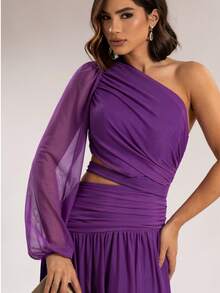 Long Dress For Bridesmaids Wedding Graduation One Elegant Sleeve - الأرجواني - مشاهدة 1