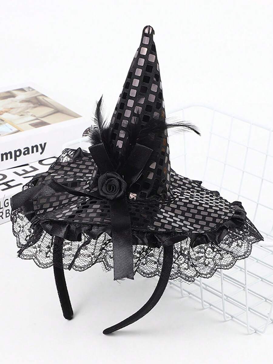 1 件万圣节女巫魔法派对帽头带，蕾丝边闪光服装配饰 - 黑色 - 查看 1