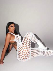 性感内衣女士长袖渔网连体衣，豹纹性感套装，连体衣，镂空连体袜，比基尼罩衫 - 白色 - 查看 1