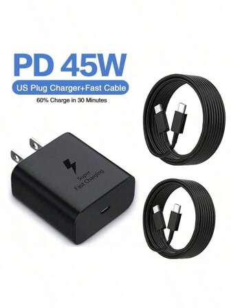 Cargador rápido de 45W con enchufe estadounidense, cargador de pared USB-C compatible con Samsung Galaxy S25 Ultra/S25/S25+/ S24 Ultra/S24 / S24+/S23 Ultra/S23 / S23+/S22 Ultra/S22+/S22, Note 10+/Note 20/S20/S21, Z Fold 4/Z Flip 4, Galaxy Tab S7/S7+/S8/S8+/S8 Ultra, cable de carga rápida de 1 m y 2 m, compatible con Oppo, Vivo y otros teléfonos móviles
