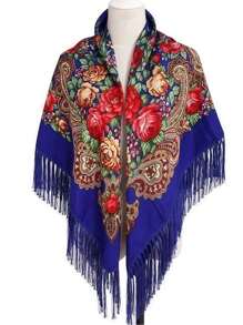 1 件女士复古红黑多色传统印花围巾、时尚披肩、温暖冬季流苏面料围巾、派对装饰奢华斗篷 - 彩色 - 查看 9