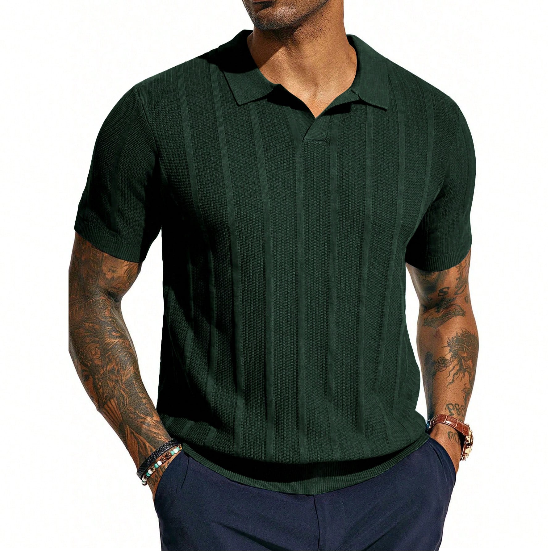 Camisa polo de punto de manga corta color azul marino para hombre - Patrón de costillas vertical - Cómoda y elegante para uso diario y casual elegan
