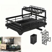 2-Tier Black Expandable Dish Drying Rack, Suitable For Kitchen Countertops, Large Dish Drainer With Pot Rack, Cup Rack, And Dish Rack For Iron Kitchen Counters And Sink Dish Racks - Large-Capacity Storage Rack With Draining Board, Dish Rack, And Cup Hooks - Foldable Design, Efficiently Saves Space For Storing Plates, Bowls, Pots, And Utensils, Efficiently Stores Plates | Foldable Rack | Durable Kitchenware, Kitchen Countertop Dish Drying Rack - màu đen - Xem 7