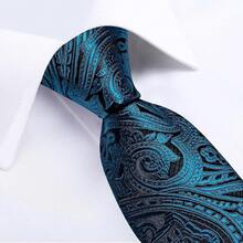 Conjunto de corbata de seda con estampado floral, incluye pinza de corbata, pañuelo y gemelos - Verde azulado y negro - Ver 5