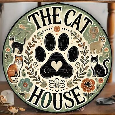 1pc Vintage Metal Round Plate Wall Decor With Cat Paw Print, Retro Wall Art For Pet Lovers, Farm Animal Gift For Home, Pet Store