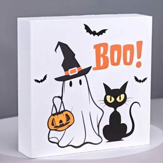 Halloween Decorations Indoor Home Room Cute Ghost Cat Boo Table Wood Box Sign Rustic Wooden Shelf Desk Decor Season Sign House Warming Gifts
