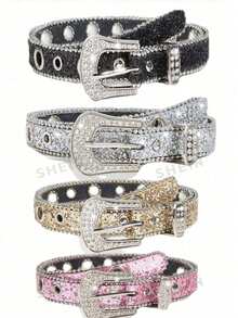 1 Piece Set Ladies Silver Studded With Rhinestones Embellished Luxury Fashion Personalized Sequined Belt Belt Suitable For Jeans - Rhinestone - View 1