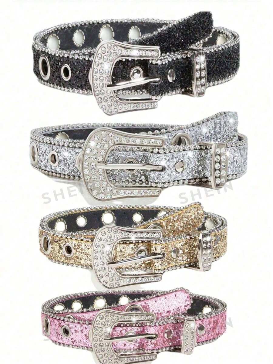 1 Piece Set Ladies Silver Studded With Rhinestones Embellished Luxury Fashion Personalized Sequined Belt Belt Suitable For Jeans - Rhinestone - View 1