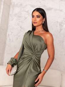 Women's Long Mermaid Dress Simple Elegant Party Sexy Satin Knot Side Opening Asymmetrical Godmother Civil Wedding Debutante Graduate Wedding - 橄欖綠 - 查看 2