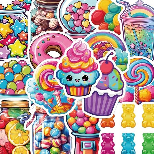 GUTBD 50 Pieces Of Colorful Candy Cartoon Stickers - Waterproof PVC DIY Decals For Laptops, Scrapbooks, Luggage, Guitar, Water Bottles And Phone Cases, Creative Crafts Stickers | Whimsical Candy Themes | Durable PVC Material