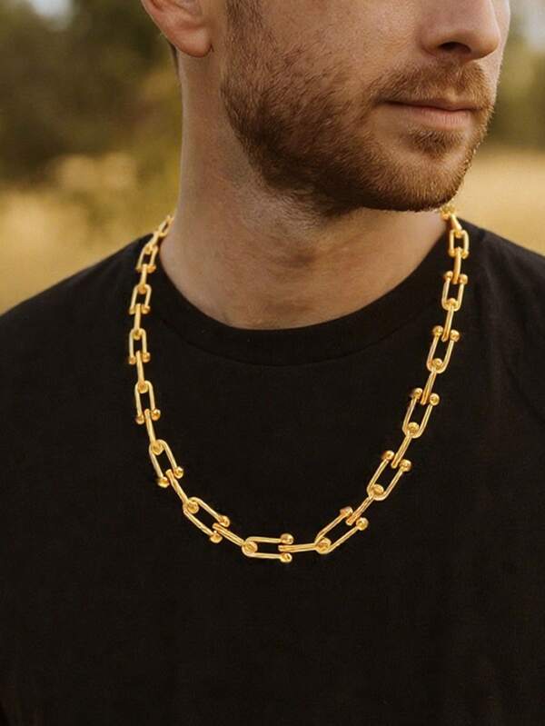 1PC 18K Gold Plated Chunky Link Chain Stainless Steel Necklace For Men,U Shaped Chain Hip Hop Necklace For Men,Waterproof And Not Easy To Fade