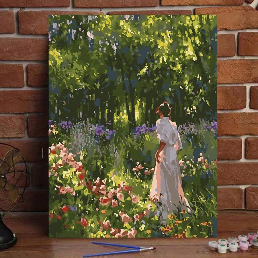 成人 DIY 数字油画丙烯颜料套装，40*50 厘米，含颜料和画笔，适合缓解压力、数字油画、手工绘画、花园女孩设计、房间装饰墙艺术、初学者绘画、送给朋友的完美生日礼物（无框） - 紅色 - 查看 1