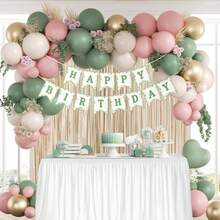 浅粉色、鼠尾草绿、沙色、白色、金属金色加厚乳胶气球和心形铝箔气球花环拱门套装，含流苏帘和生日快乐横幅，适用于1岁、3岁、5岁、13岁、16岁、18岁、21岁、30岁、40岁生日派对装饰用品 - 混色 - 查看 6