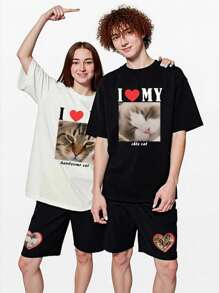 Customized 2 Pieces Set, White T-Shirt And Black Shorts, Casual, Loose, Streetwear, Sportswear, Vacation, Outdoor, Suitable For Couples, Family, Friends Birthday, Round Neck Graphic Tee And Drawstring Waist Shorts - White - View 8