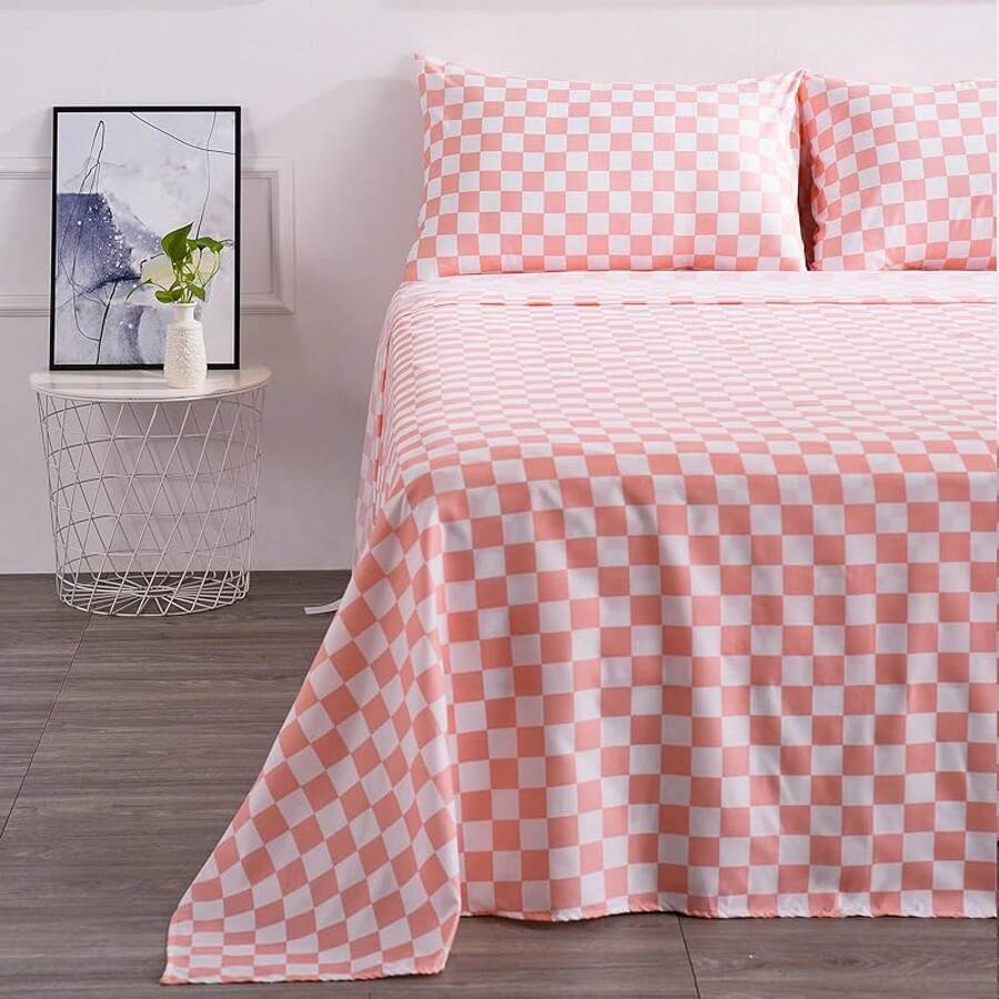 Best Season 4 Piece Bed Sheet Set - Full Size - Soft Microfiber Bedding Sheet Set, Deep Pocket, Stain, Fade & Wrinkle Resistant (Plaid Black & White), Luxury Comfortable - 珊瑚白格子 - 查看 1