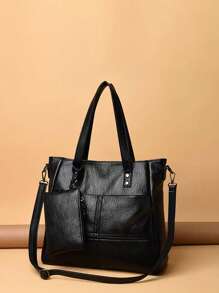 Retro Fashion Mother-Child Shoulder Tote Bag - Black - View 6