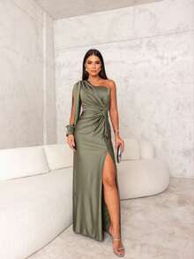 Women's Long Mermaid Dress Simple Elegant Party Sexy Satin Knot Side Opening Asymmetrical Godmother Civil Wedding Debutante Graduate Wedding - 橄欖綠 - 查看 1