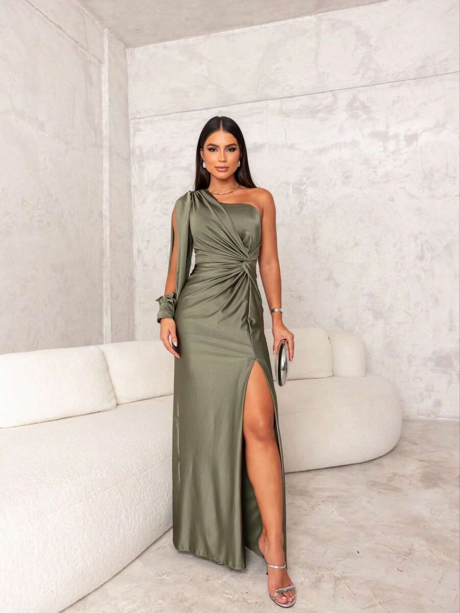 Women's Long Mermaid Dress Simple Elegant Party Sexy Satin Knot Side Opening Asymmetrical Godmother Civil Wedding Debutante Graduate Wedding - 橄欖綠 - 查看 1