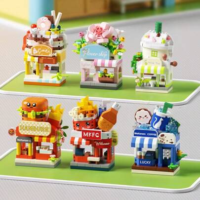 一套创意街景积木，包含一家花店、一家奶茶店、一家咖啡店、一家汉堡店、一家炸鸡店和一家蛋糕店。适合用作桌面装饰和可爱摆件。生日礼物、万圣节礼物、圣诞节礼物、派对礼物、女孩玩具、可爱玩具。