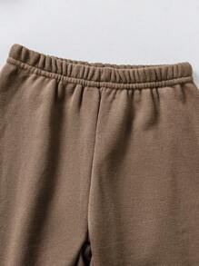 2 件套幼儿男童休闲装，可爱熊图案条纹拼接耳朵设计长袖上衣搭配棕色卷边裤，舒适的日常穿着 - 棕色 - 查看 7