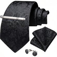 Silk Floral Necktie Set With Tie Clip, Handkerchief & Cufflinks - Solid Black Floral - View 5
