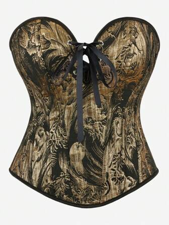 束胸上衣，深 V 型塑身衣，前部交叉系带，金属印花，女士无肩带紧身胸衣，适合万圣节