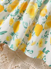 1pc Girls Countryside Fresh Lemon Ditsy Floral Ruffle Collar Puff Sleeve Dress, Spring/Summer - Yellow - View 6