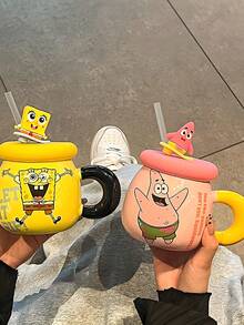 SpongeBob SquarePants كوب سيراميك عالي الجودة معتمد رسميًا مع غطاء - كوب ماء للزوجين/الغرفة المشتركة/العائلة. هذا كوب سيراميك عالي الجودة معتمد رسميًا مناسب للاستخدام المنزلي. يمكن استخدامه كوعاء إفطار أو كوب حليب. تم طباعة جسم الكوب بنمط كرتوني جميل، مقاوم للحرارة، مظهر فاخر، مناسب للرجال والنساء. - متعدد الألوان - مشاهدة 3