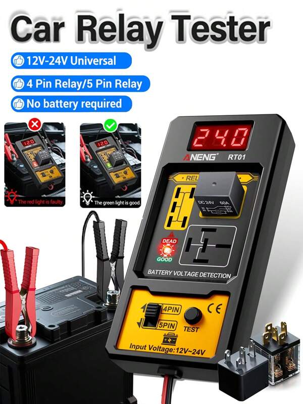 Car Relay Tester Voltage Tester Digital Relay Detector Universal 11-25V Automotive Car Battery Checker LED Indicator Light Relay Diagnostic 4/5 Foot Socket Relay Analysis