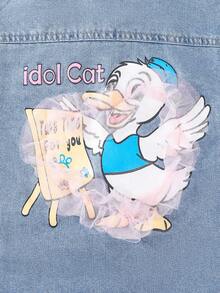 idolCat 年轻女孩休闲牛仔夹克，带有可爱卡通鸭子印花粉色蕾丝心形，适合秋季日常穿着 - 藍色 - 查看 7