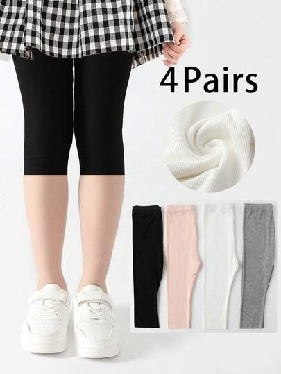1pc Kids Solid Color Vertical Stripe Print Cropped Leggings