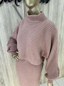 Conjunto de Frio Saia e Blusa Lançamento Mousse Canelado Moda Feminina Gola Alta Tricot Tricô