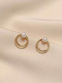 1 Pair Vintage Elegant Baroque Pearl Metal Double Circle C-Shape Open Hoop Earrings