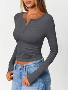 Womens Long Sleeve Shirts 2025 Henley Casual Fall Outfits Fitted Cotton Tops Ribbed Fashion Basic Tees