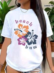Hawaiian Vacation Style Floral Pattern T-Shirt, Short-Sleeve Round-Neck T-Shirt, Fashionable And Casual Tee, Relaxed Fit, Machine Washable Fabric - 白色 - 查看 1