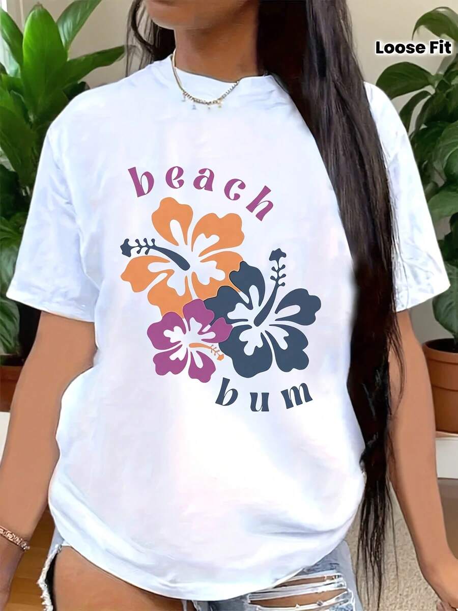 Hawaiian Vacation Style Floral Pattern T-Shirt, Short-Sleeve Round-Neck T-Shirt, Fashionable And Casual Tee, Relaxed Fit, Machine Washable Fabric - 白色 - 查看 1
