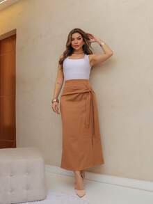 Frenchy Women's Casual Solid Color Drawstring Wrap Skirt, Spring/Summer/M5509 - Maroon - View 4