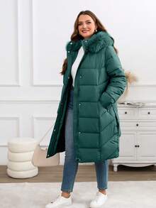 Giolshon Women's Plus Size Minimalist Long Hooded Jacket With Belt And Faux Fur Collar - Suitable For Autumn/Winter - Green - View 9