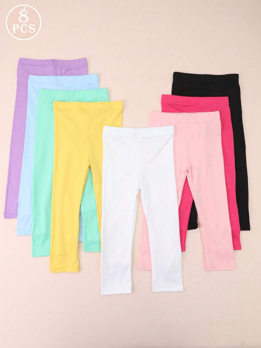 8 件套经典百搭糖果色女童踝长打底裤，纯色女童紧身裤，适合日常生活，四季皆宜 - 彩色 - 查看 1