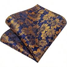 Silk Floral Necktie Set With Tie Clip, Handkerchief & Cufflinks - Blue and Gold - View 9