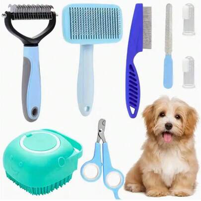 8pcs Pet Grooming Kit, Includes Pet Nail Clippers And File, Flea Comb, Pet Shampoo Brush, Pet Deshedding Brush And Silicone Toothbrush
