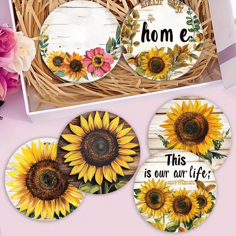 1套/4件/6件夏季向日葵和图案图案硅藻泥杯垫，咖啡杯垫，家庭和餐厅多场合装饰，节日送礼，餐桌装饰，野餐装饰，主题派对装饰。